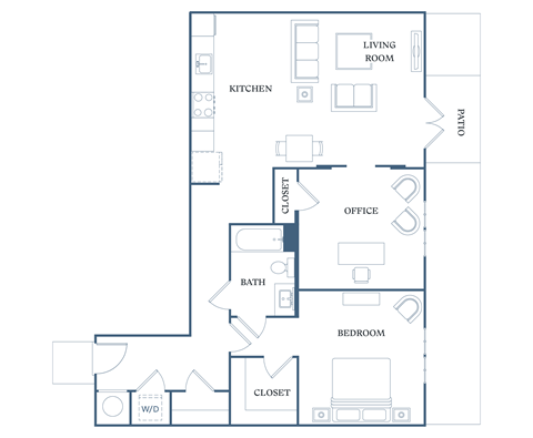Floor plan for 1 bed, 1 bath, 940 sqft